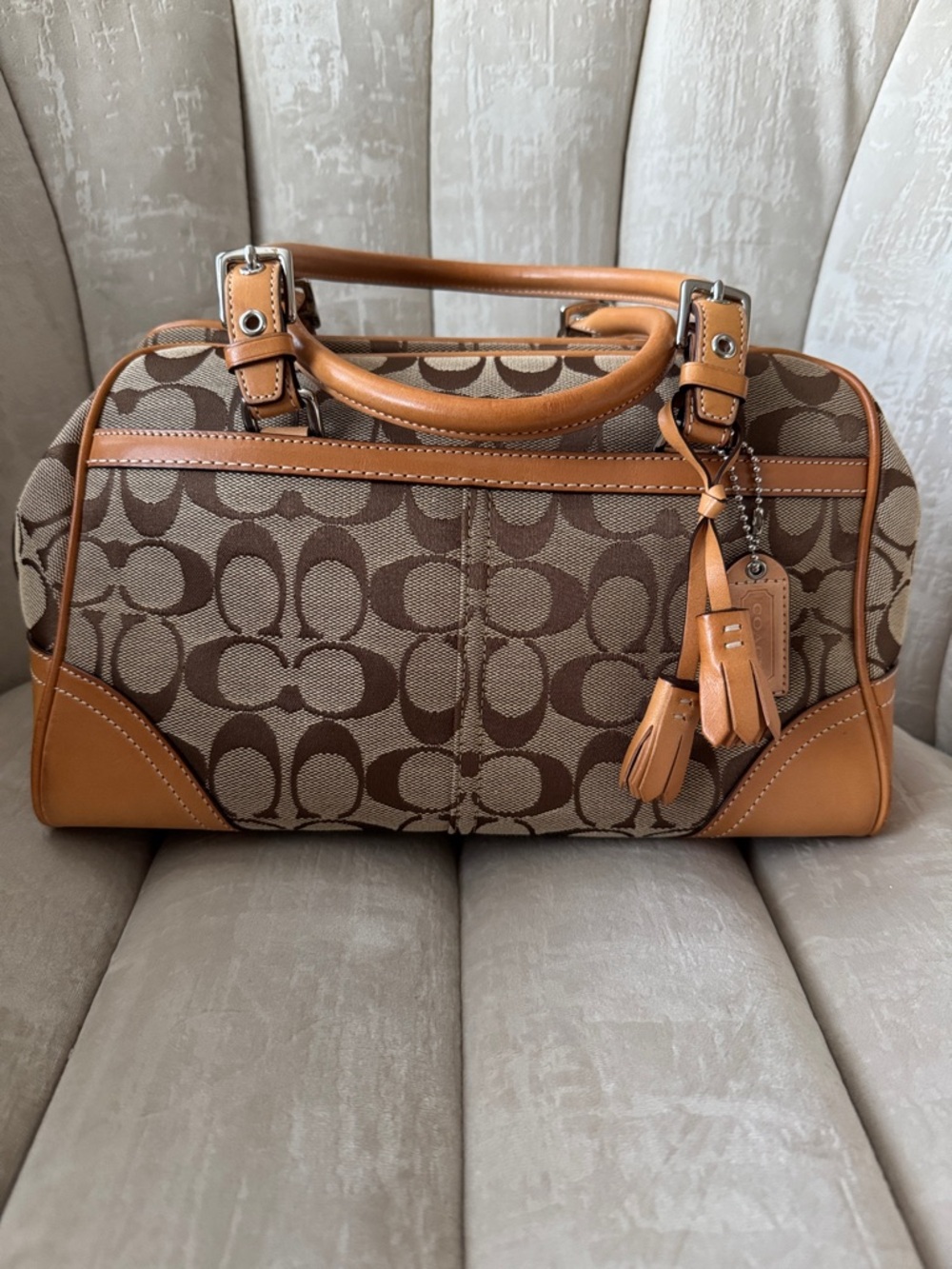 Coach Brown Signature Canvas Satchel with Tan Leather Trim